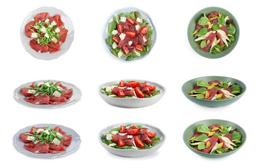 Delicious salads with bresaola isolated on white, collage. Top and side views