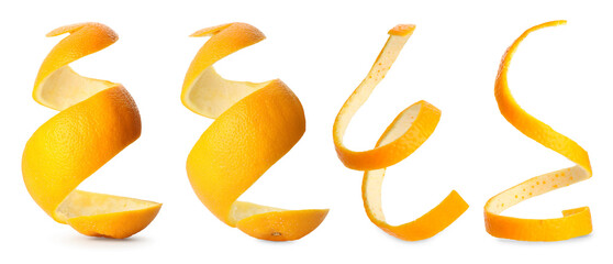 Twisted orange peels isolated on white, collage