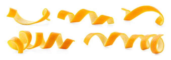 Twisted orange peels isolated on white, collage