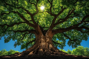 Naklejka premium Majestic Banyan Tree Under Bright Blue Sky