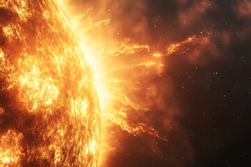 Fototapeta premium A close-up view of the sun's surface, showcasing solar flares and intense heat.