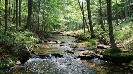 Fototapeta premium Forest stream flows over mossy rocks.