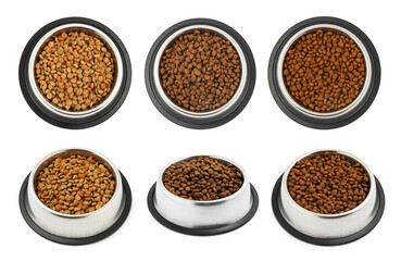 Dry pet food in bowls on white background, set. Top and side views