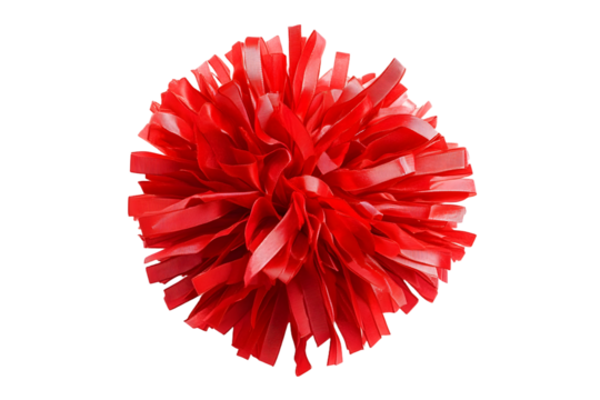 Bright red pom pom made of ribbons used for cheerleading, decorations, or crafts