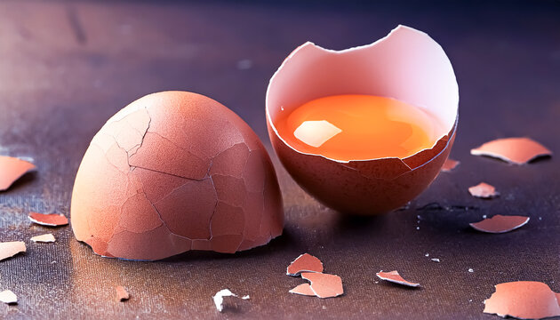Broken egg, shell, crack, yolk, raw, half, contents, cooked, close-up