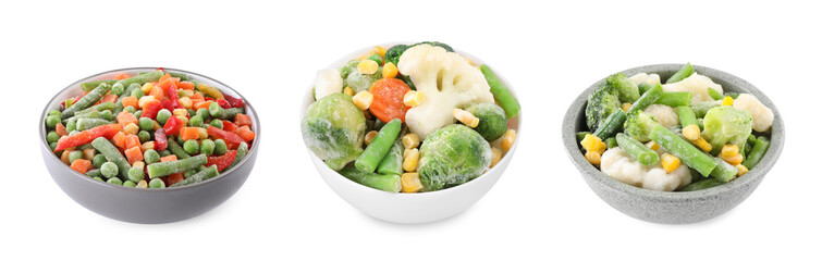 Different frozen vegetables in bowls isolated on white, set
