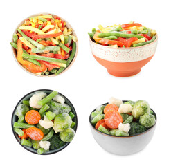 Different frozen vegetables in bowls isolated on white, set. Top and side views