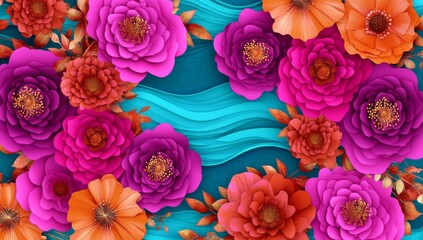 A fresh spring backdrop features paper cut flowers and leaves. Perfect for a contemporary floral poster, banner, or flyer template.