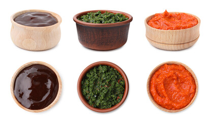 Different marinade sauces in bowls isolated on white, set. Top and side views