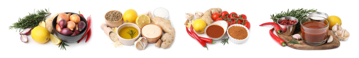 Ingredients for different marinade sauces isolated on white, set