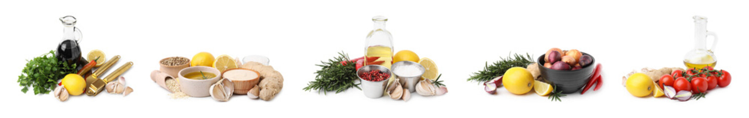 Ingredients for different marinade sauces isolated on white, set