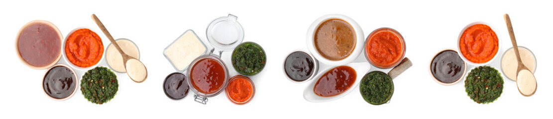 Different marinade sauces isolated on white, set. Top view