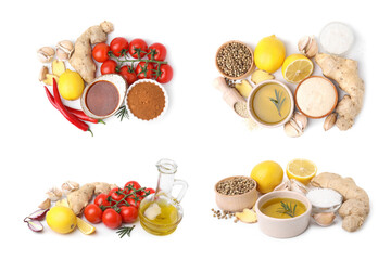 Different marinade sauces and ingredients isolated on white, set. Top and side views