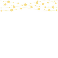 Christmas golden decorations  Hanging sparkles balls, trees, stars. Festive background for posters, headers, banners. Winter season sparkling jewelry on a string. Png