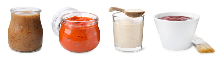 Different marinade sauces isolated on white, set