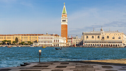 Italy, Venice. Buildings along the Grand Canal. St. Mark's Campanile (Venice Bell Tower).