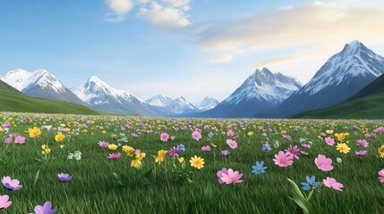 Fototapeta premium Vast meadow with wildflowers and snow-capped mountains at sunset