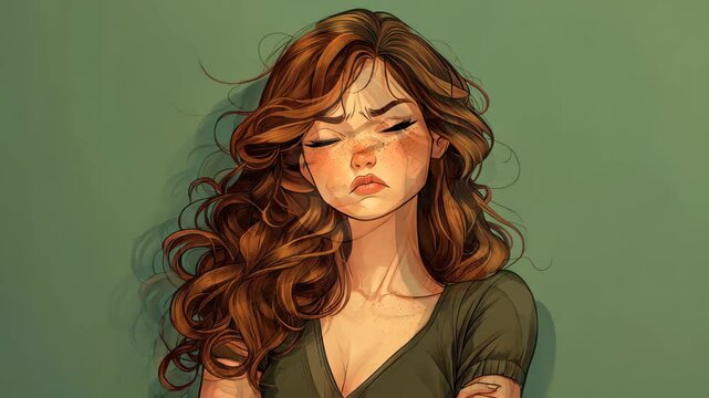 A cartoon woman with curly brown hair styled at shoulder length, wearing a cute maxi dress, arms crossed, looking disappointed.