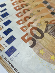 Close up of European banknotes on display
