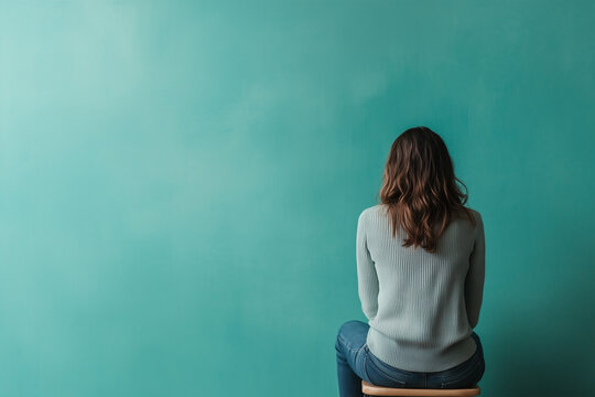 the offended girl has her back turned on coloor background with copy space