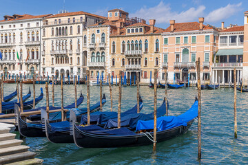 Italy, Venice. Gondolas moored in the Grand Canal.