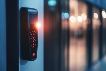 Security access control panel with illuminated keypad at modern building entrance