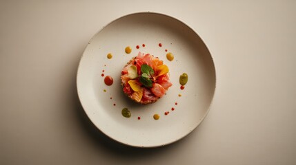 White table with artistic culinary masterpiece on minimalist plate