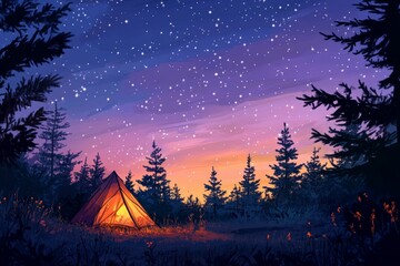 Illuminated tent, starry night, forest silhouette.
