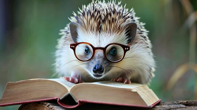 A cute hedgehog dons glasses, engrossed in a book. Ai Generated.