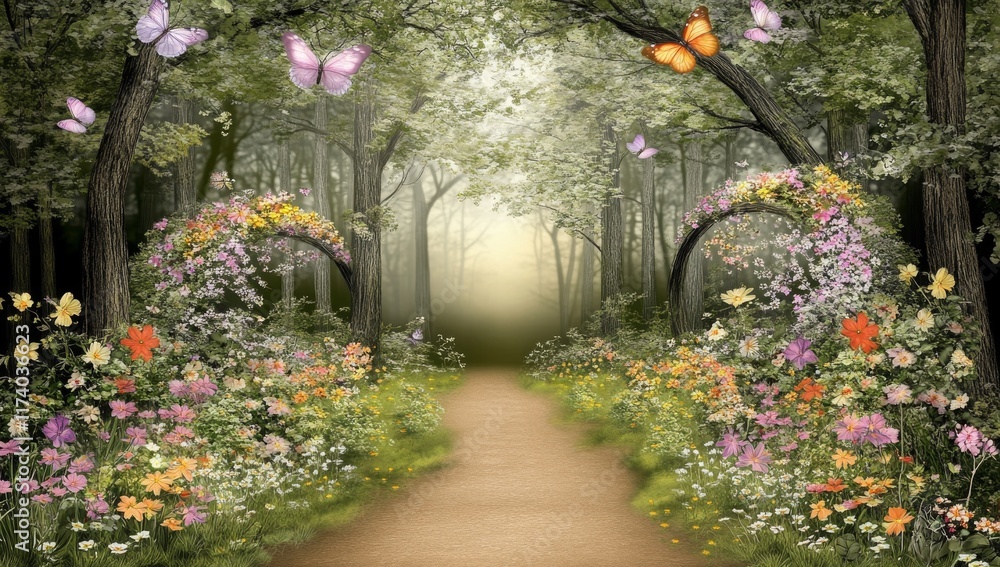 Poster a magical and captivating landscape. fantasy garden setting in the background. spring blooms and mag