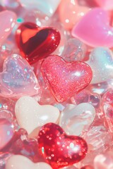 Obraz premium glittery heart-shaped resin pieces in shades of pink and red, sparkling under soft lighting, fun and whimsical vibe