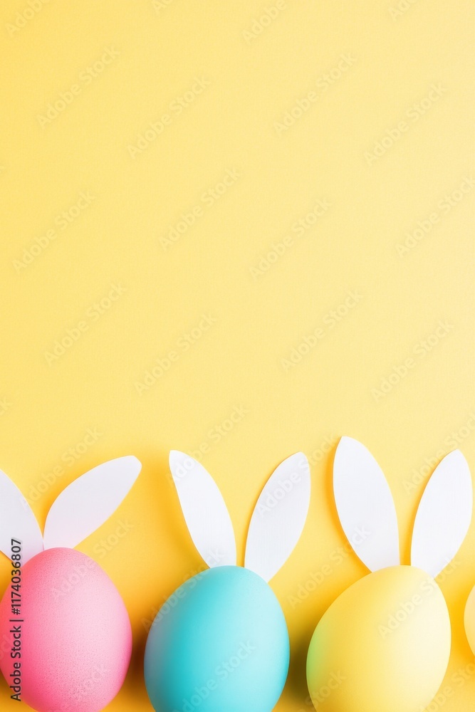Poster top view of a composition with colorful easter eggs and bunny ears on a yellow background, leaving p