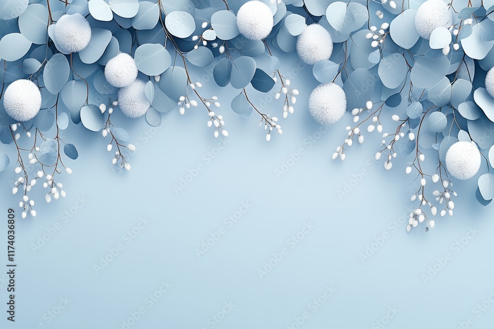 Aufkleber spring flower design on a blue backdrop featuring copy space, arranged in a flat lay style mock up