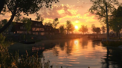 Fototapeta premium A serene sunset over a tranquil river with lush trees and charming houses.