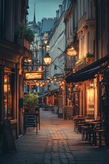 Fototapeta premium Nighttime alleyway; illuminated buildings, outdoor seating.
