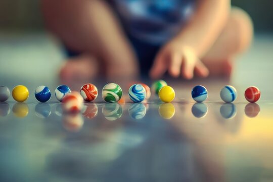 Child playing with colorful marbles on a smooth surface in a bright room