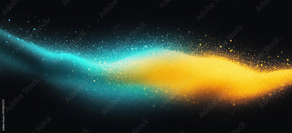Poster vibrant abstract background with teal and yellow gradient shapes on dark noise texture