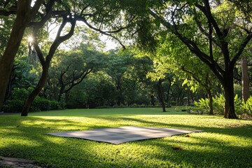 Fototapeta premium Flat surface lies on sun-dappled grassy lawn, shaded by trees.