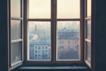 Old window, city view, soft light, winter.