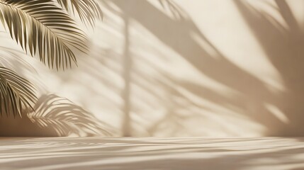A 3D-rendered empty room with a textured wall featuring tropical leaves shadows creates a minimal, pastel beige summer abstract background
