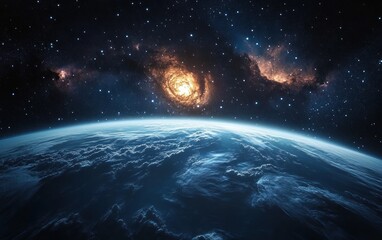 Fototapeta premium Surreal Cosmic Landscape with Vibrant Nebula and Earth Curvature in Deep Space Exploration