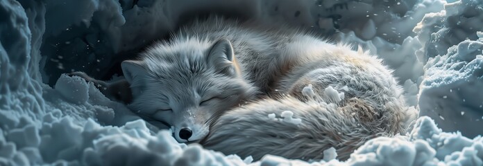 Naklejka premium A serene image of a sleeping arctic fox nestled in the snow, showcasing its soft fur and peaceful demeanor.
