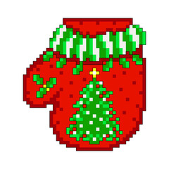 Red mitten with a Christmas tree. Design element. Pixel graphics. Png