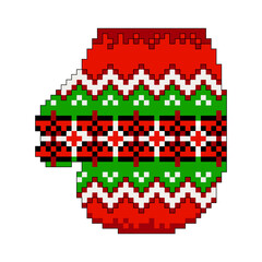 Winter mitten with an ornament. Design element. Embroidery. Pixel graphics. Png