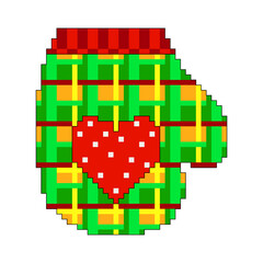 Winter mitten with a heart. Design element. Embroidery. Pixel graphics. Png