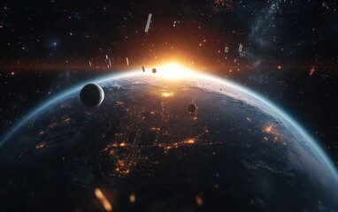 Obraz premium Hyper-realistic Earth Surrounded by Satellites in Cosmic Background with City Lights in Digital Painting