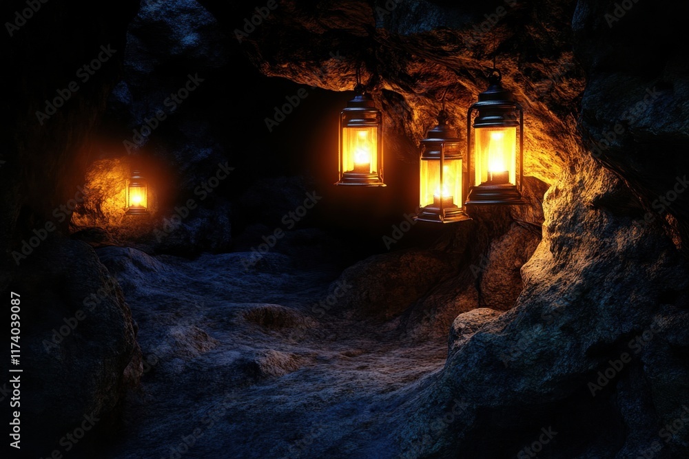 Poster mystical cave illuminated by lanterns creating an enchanting atmosphere at night