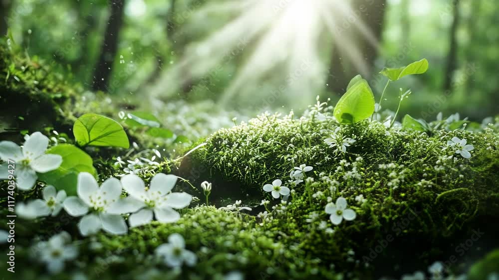 Poster sunlight filters through trees illuminating lush green moss and white flowers in a tranquil forest s