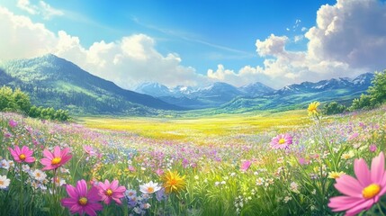 Fototapeta premium Vibrant wildflowers bloom in a sunny mountain meadow.