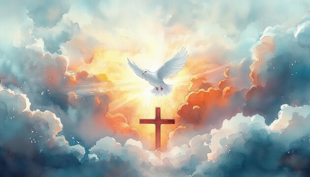 Watercolor illustration of a white dove soaring against a radiant cross in fluffy clouds for Whit Monday celebration